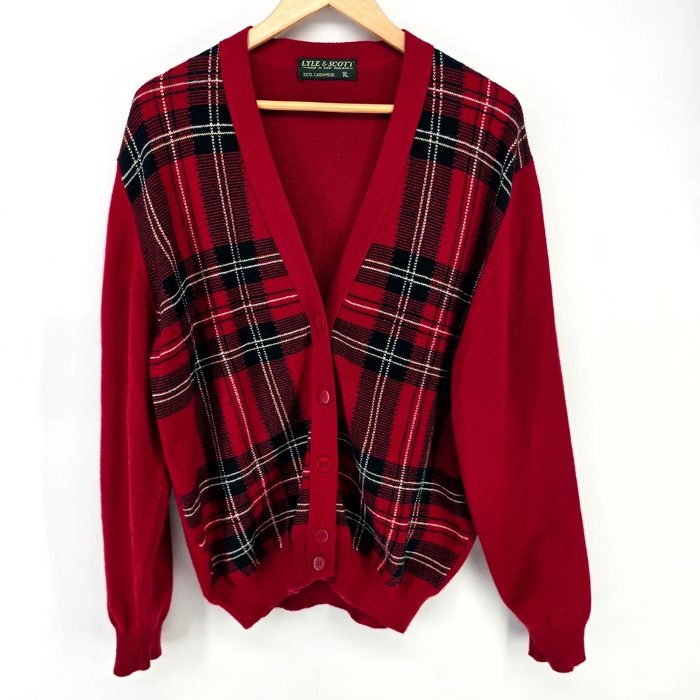 Lyle & Scott Cardigan Men XL Red 100% Cashmere Plaid Made in New Zealand Sweater